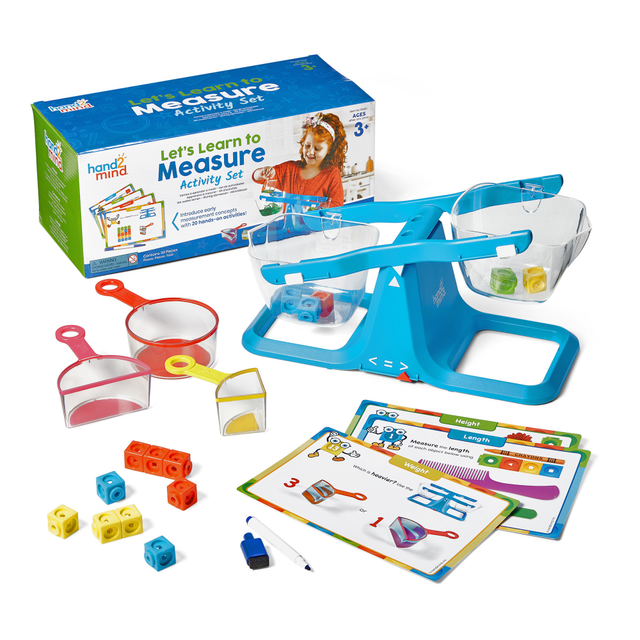 The Lets Learn to Measure Activity Set offers children a hands-on learning experience to understand measurement concepts like volume, weight, and capacity. Using tools such as Rainbow Fraction Measuring Cups, a Nestable Bucket Balance, and MathLink Cubes, children will explore fractional relationships and practice measurement skills. The set also includes activity cards and a multilingual guide for added learning support.  Includes 4 Rainbow Fraction Measuring Cups, 1 Nestable Bucket Balance, and 20 MathLink Cubes  Children explore volume, weight, length, height, and capacity  Transparent, color-coded cups align with the Rainbow Fraction Teaching System  10 double-sided activity cards provide guided learning  Great for kindergarten learning activities  Multilingual guide included for diverse learners
