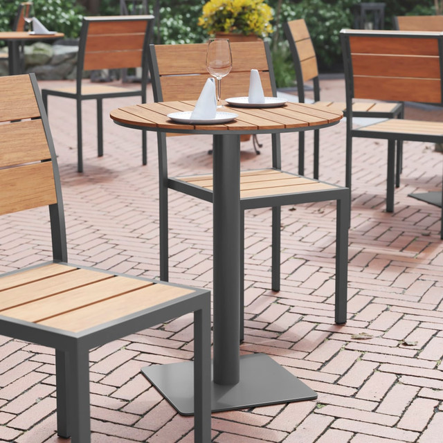 FLASH FURNITURE SBTB106NAT  Finch Commercial-Grade Faux Teak Poly/Steel Round Outdoor Furniture Table, 29-3/4inH x 23-1/2inW x 23-1/2inD, Natural/Gray