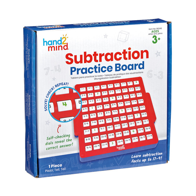 The self-checking Subtraction Skills Practice Board provides an interactive way for students to practice subtraction facts independently. Children solve each subtraction problem, spin the dial to check their answers, and reset the board to continue practicing. This tactile learning tool is ideal for reinforcing subtraction skills up to 9 - 9.  Includes 81 subtraction equations with 9 rows and 9 columns  Self-checking design with a spinning dial to verify answers  Easy reset mechanism with handles to start over  Perfect for independent learning and on-the-go practice  Reinforces subtraction skills for facts up to 9 - 9  Provides tactile, interactive learning for children