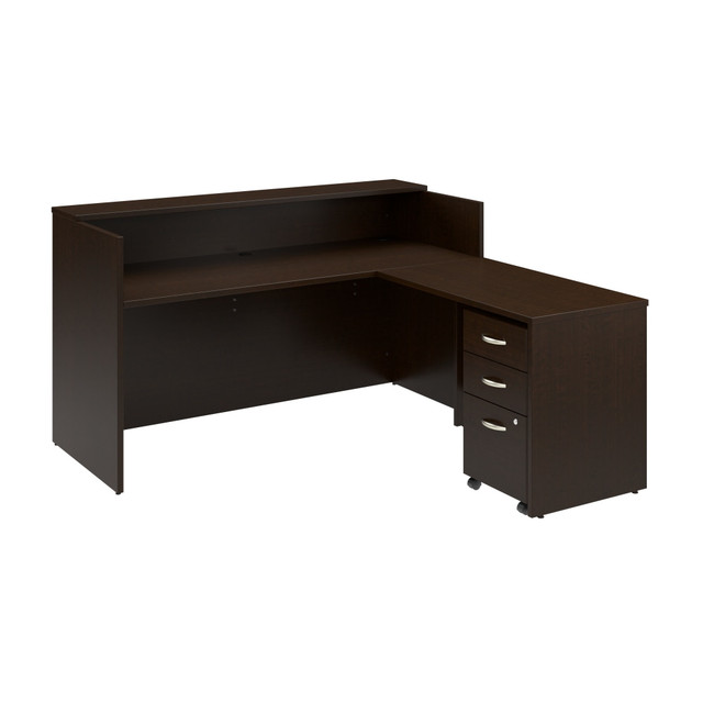 BUSH INDUSTRIES INC. ARV007MR Bush Business Furniture Arrive 72inW L Shaped Reception Desk with Shelf and Mobile File Cabinet, Mocha Cherry, Standard Delivery