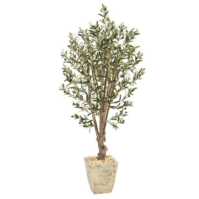 NEARLY NATURAL INC. T1331 Nearly Natural Olive Tree 60inH Artificial Plant With Planter, 60inH x 11inW x 11inD, Green/Country White NEARLY NATURAL INC. T1331 Nearly Natural Olive Tree 60inH Artificial Plant With Planter, 60inH x 11inW x 11inD, Green/Country White
