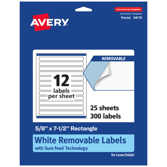 AVERY PRODUCTS CORPORATION 94119-RMP25 Avery Removable Labels With Sure Feed, 94119-RMP25, Rectangle, 5/8in x 7-1/2in, White, Pack Of 300 Labels AVERY PRODUCTS CORPORATION 94119-RMP25 Avery Removable Labels With Sure Feed, 94119-RMP25, Rectangle, 5/8in x 7-1/2in, White, Pack Of 300 Labels