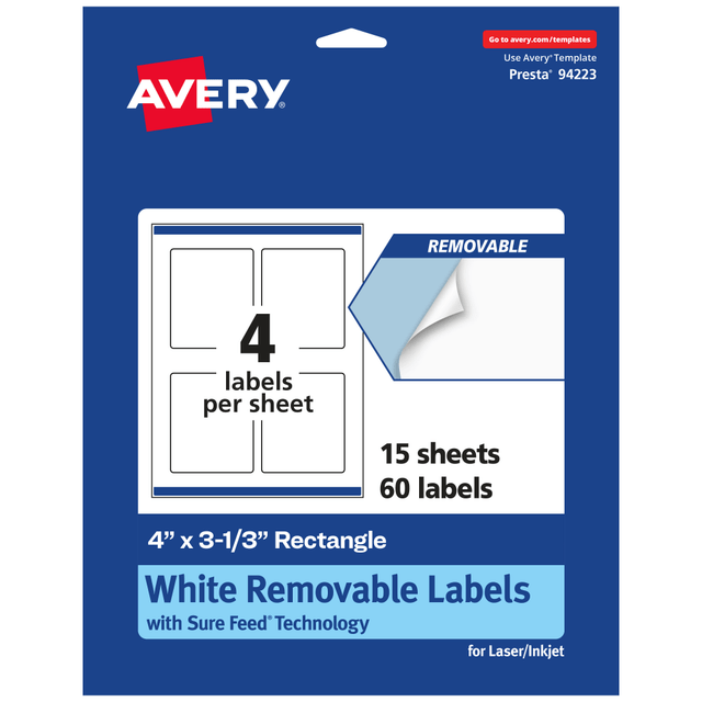 AVERY PRODUCTS CORPORATION 94223-RMP15 Avery Removable Labels With Sure Feed, 94223-RMP15, Rectangle, 4in x 3-1/3in, White, Pack Of 60 Labels AVERY PRODUCTS CORPORATION 94223-RMP15 Avery Removable Labels With Sure Feed, 94223-RMP15, Rectangle, 4in x 3-1/3in, White, Pack Of 60 Labels