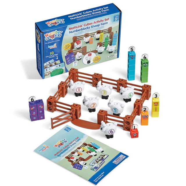 Play games with the residents of Numberland with the Hand2Mind MathLink Cubes Activity Set Numberblocks Sheep Farm. This set helps kids practice counting, adding, subtracting and more.  Helps kids practice counting, adding, subtracting and more.  Includes 53 MathLink Cubes, 6 two-piece sheep, 6 Numberlings, 9 fence pieces, 1 gate, 1 die, 1 sticker sheet, 5 double-sided activity cards, 1 activity card stand and 1 activity guide.