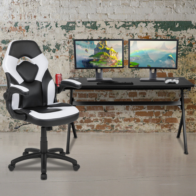FLASH FURNITURE BLNX10D1904LWH  Gaming Desk And Racing Chair Set With Cup Holder, Headphone Hook & Removable Mouse Pad Top, White