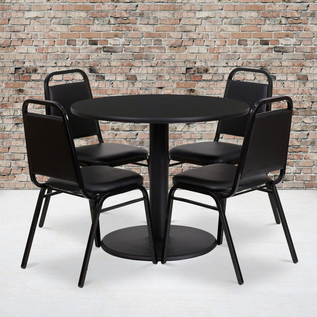 FLASH FURNITURE RSRB1001  Round Laminate Table Set With Round Base And 4 Trapezoidal-Back Banquet Chairs, 30inH x 36inW x 36inD, Black