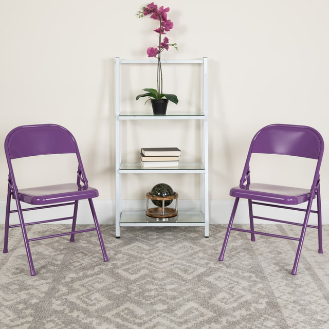 FLASH FURNITURE 2HF3PUR  HERCULES COLORBURST Series Triple-Braced & Double-Hinged Metal Folding Chairs, Impulsive Purple, Pack Of 2 Chairs