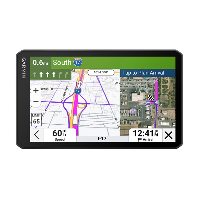 The Garmin dezl OTR720 GPS Truck Navigator With 7in Touchscreen Display keeps drivers connected and helps streamline their routes. It provides custom routes based on the load, displays popular routes in unfamiliar territory, provides overhead views on arrival and more. Pair with the dezl app to access live traffic reports, view top-rated parking spots, share experiences and more.  Bright 7in touchscreen with a 1024 x 600 resolution display supports easy in-cab viewing.  Delivers quick route calculation, animations and menu-map interactions.  Provides custom routing based on the size and weight of the truck (not available in all areas).  Alerts for upcoming bridge heights, sharp curves and more.  BirdsEye Direct Satellite Imagery provides overhead views for arrival.  Pair with the dezl app to find top-rated parking spots and rate your experience.  Find nearby CAT Scale locations in the U.S. and Canada.  Map shows potentially hazardous conditions and alerts when high winds are detected.  Access live weather, traffic, live fuel prices and phone notifications on the dezl app.  Save time with built-in PrePass notifications (requires an active PrePass account).  Works with the Garmin eLog-compliant ELD (sold separately) for service recording.  Truck and Trailer Services directory helps you plan breaks.  Enjoy your time off with preloaded Foursquare points of interest.  See popular routes used by fellow truckers highlighted on your map.  Speak commands for hands-free use.  Voice control is available in English, German, Italian, Spanish, Danish, Swedish and Dutch.  Compatible with multiple mounting options for versatility.  Can be paired with a dezl trucking headset (sold separately) for navigation prompts.  Add a BC 50 wireless backup camera (sold separately).  Includes a vehicle suction cup mount, a vehicle power cable, a CLA adapter and documentation.  Backed by the manufacturers 1-year limited warranty.