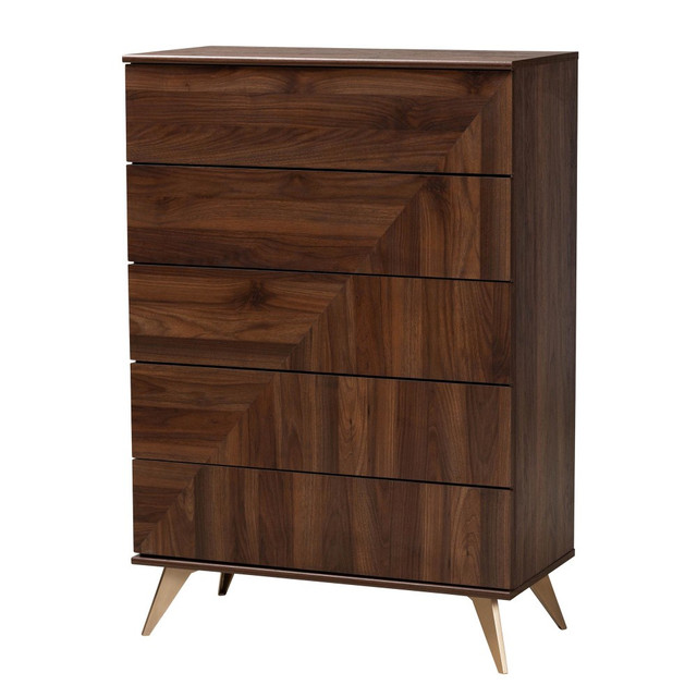 WHOLESALE INTERIORS, INC. 2721-13275 Baxton Studio Graceland Mid-Century Modern Transitional Finished Wood 5-Drawer Storage Chest, 45-15/16inH x 31-1/2inW x 15-3/4inD, Walnut Brown