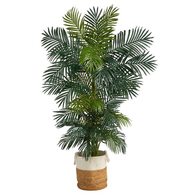 NEARLY NATURAL INC. T2963 Nearly Natural Golden Cane Palm 78inH Artificial Tree With Handmade Planter, 78inH x 10inW x 10inD, Green/Tan White