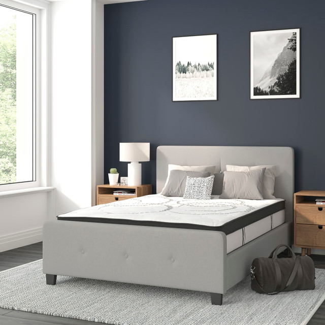 FLASH FURNITURE HGBM1026 Tribeca Tufted Upholstered Platform Bed with 10in CertiPUR-US Certified Foam and Pocket Spring Mattress, Full, 40inH x 56-1/4inW x 81inL, Light Gray FLASH FURNITURE HGBM1026 Tribeca Tufted Upholstered Platform Bed with 10in CertiPUR-US Certified Foam and Pocket Spring Mattress, Full, 40inH x 56-1/4inW x 81inL, Light Gray