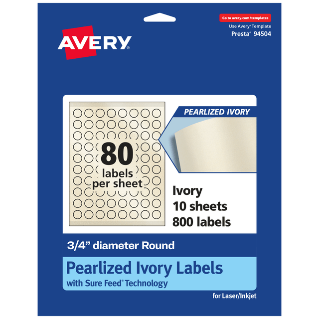 AVERY PRODUCTS CORPORATION 94504-PIP10 Avery Pearlized Permanent Labels With Sure Feed, 94504-PIP10, Round, 3/4in Diameter, Ivory, Pack Of 800 Labels AVERY PRODUCTS CORPORATION 94504-PIP10 Avery Pearlized Permanent Labels With Sure Feed, 94504-PIP10, Round, 3/4in Diameter, Ivory, Pack Of 800 Labels