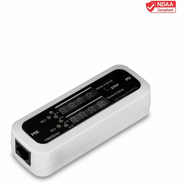 TROUBLESHOOT IN REAL TIME: Troubleshoot PoE issues in real-time on-the-go and accurately test 4PPoE, PoE+, PoE, and passive PoE technologies with this compact and lightweight PoE testing tool.  STEP BUTTON: The convenient step button on the PoE cable tester allows users to cycle through voltage, amperage, and wattage readouts. It also allows users to lock the display to a specific readout (e.g. wattage) for real-time monitoring.  TESTING MODES: The TC-NTP1 supports three testing functions. T-mode allows you to test your PSE device to determine the PoE switchs or injectors supported PoE standards, as well as voltage output. N-mode is used for non-standard passive PoE devices. I-mode is used for PoE inline testing, which displays the voltage, amperage, and wattage of the connected PD  USER FRIENDLY: The TC-NTP1 PoE cable tester provides battery-free operation, and is ready for use right out of the box; just plug-in to start testing  COMPATABILITY: The PoE cable tester is compatible with IEEE 802.3af/at/bt PoE devices up to 100W, and non-standard passive PoE devices from 11V - 60V.  NDAA compliant  PORTS: This Inline PoE tester is equipped with 1 x Gigabit port for PSE connection, and 1 x Gigabit port for PoE Device connection