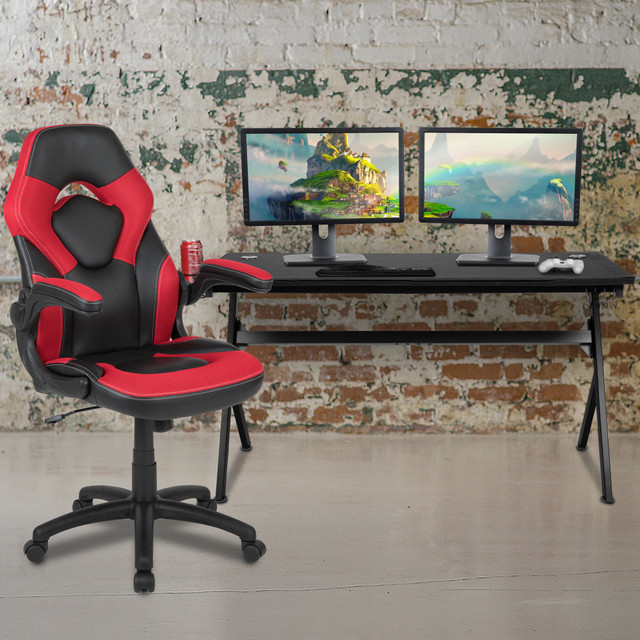 FLASH FURNITURE BLNX10D1904LRD  Gaming Desk And Racing Chair Set With Cup Holder, Headphone Hook & Removable Mouse Pad Top, Red
