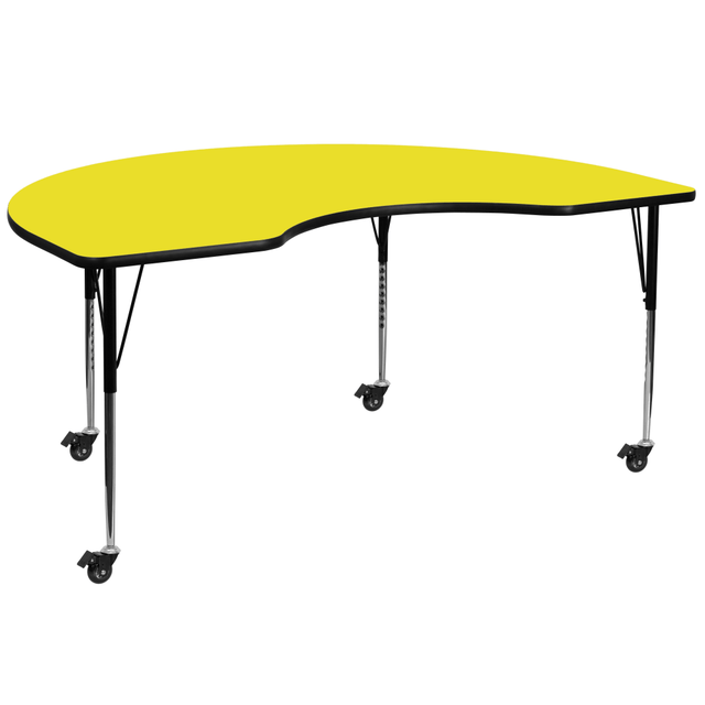 The Flash Furniture Mobile Height Adjustable HP Laminate Kidney Activity Table is recommended for use in preschools and classrooms. This kidney-shaped table is made with 16-gauge tubular steel legs that can be adjusted in 1in increments. The scratch- and stain-resistant laminate surface with a protective edge band offers lasting durability.  Tubular 16-gauge steel legs can be adjusted in 1in increments.  Powder-coated upper legs and chrome lower legs provide stability.  Scratch- and stain-resistant surface offers lasting protection.  Boasts a 1-1/4in thick high-pressure laminate top for added durability.  Protective edge band.  Locking casters offer sturdiness.  Can accommodate up to 8 children.  Backed by the manufacturers 15-year limited warranty.  This product is heavy and/or oversized and may need more than one person to handle.