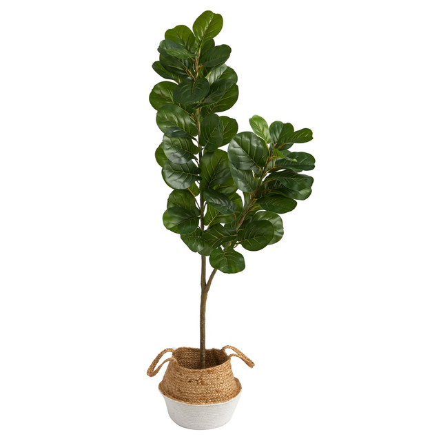 NEARLY NATURAL INC. T2914 Nearly Natural Fiddle Leaf Fig 54inH Artificial Tree With Handmade Woven Planter, 54inH x 8inW x 8inD, Green/Tan White NEARLY NATURAL INC. T2914 Nearly Natural Fiddle Leaf Fig 54inH Artificial Tree With Handmade Woven Planter, 54inH x 8inW x 8inD, Green/Tan White