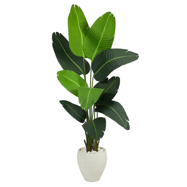 NEARLY NATURAL INC. T2508 Nearly Natural Travelers Palm 66inH Artificial Plant With Planter, 66inH x 30inW x 25inD, Green/White NEARLY NATURAL INC. T2508 Nearly Natural Travelers Palm 66inH Artificial Plant With Planter, 66inH x 30inW x 25inD, Green/White