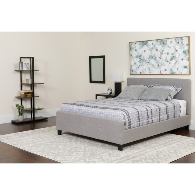 FLASH FURNITURE HGBMF26 Tribeca Button Tufted Upholstered Platform Bed with Memory Foam Pocket Spring Mattress, Full, 40inH x 56-1/4inW x 81inL, Light Gray FLASH FURNITURE HGBMF26 Tribeca Button Tufted Upholstered Platform Bed with Memory Foam Pocket Spring Mattress, Full, 40inH x 56-1/4inW x 81inL, Light Gray