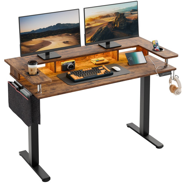 COMFY ZONE US LLC H1024147AUS-RST Bestier 59inW Electric Adjustable-Height Standing Desk With Monitor Riser, Cup Holder And Hooks, Rustic Brown COMFY ZONE US LLC H1024147AUS-RST Bestier 59inW Electric Adjustable-Height Standing Desk With Monitor Riser, Cup Holder And Hooks, Rustic Brown