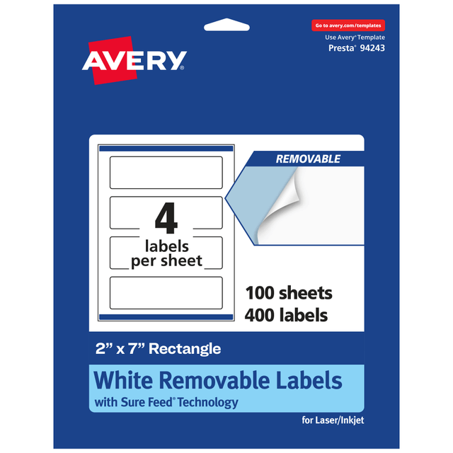 AVERY PRODUCTS CORPORATION 94243-RMP100 Avery Removable Labels With Sure Feed, 94243-RMP100, Rectangle, 2in x 7in, White, Pack Of 400 Labels AVERY PRODUCTS CORPORATION 94243-RMP100 Avery Removable Labels With Sure Feed, 94243-RMP100, Rectangle, 2in x 7in, White, Pack Of 400 Labels