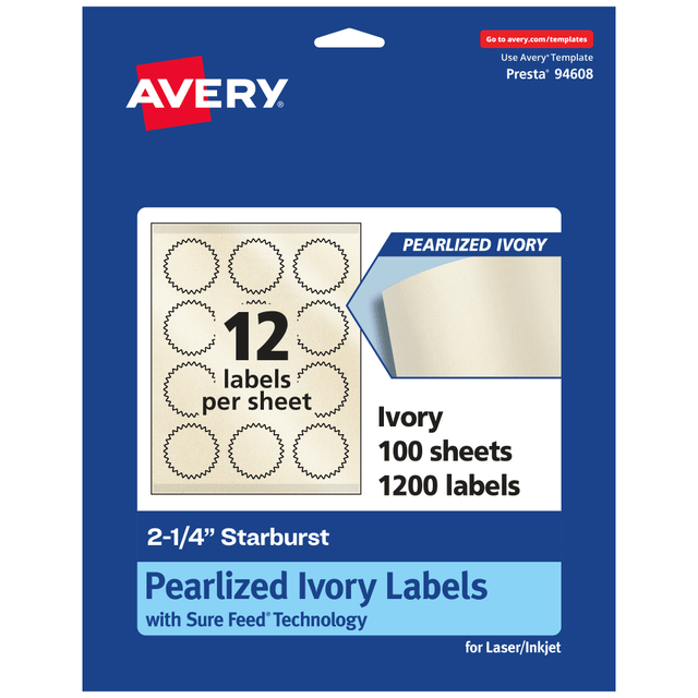 AVERY PRODUCTS CORPORATION 94608-PIP100 Avery Pearlized Permanent Labels With Sure Feed, 94608-PIP100, Starburst, 2-1/4in, Ivory, Pack Of 1,200 Labels AVERY PRODUCTS CORPORATION 94608-PIP100 Avery Pearlized Permanent Labels With Sure Feed, 94608-PIP100, Starburst, 2-1/4in, Ivory, Pack Of 1,200 Labels