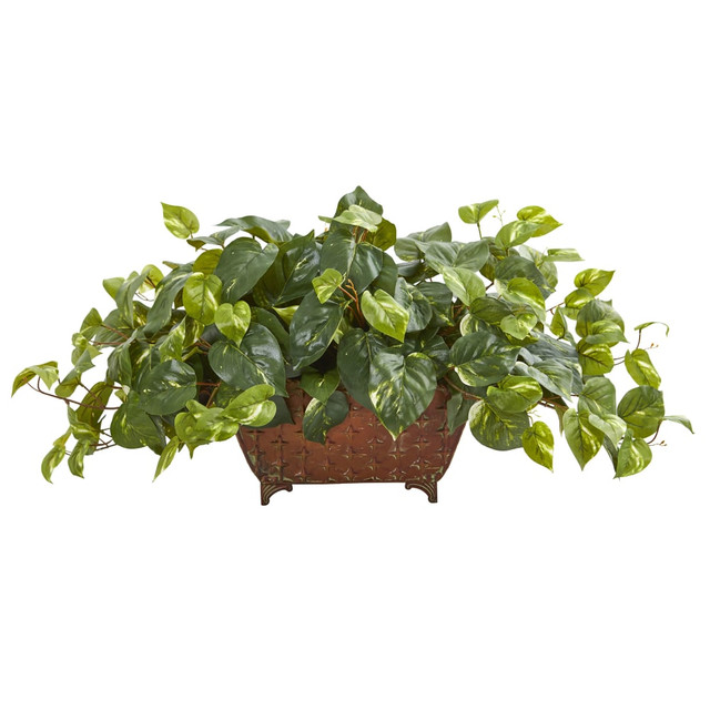 NEARLY NATURAL INC. 6460 Nearly Natural Pothos 15inH Artificial Plant With Metal Planter, 15inH x 34inW x 14inD, Green