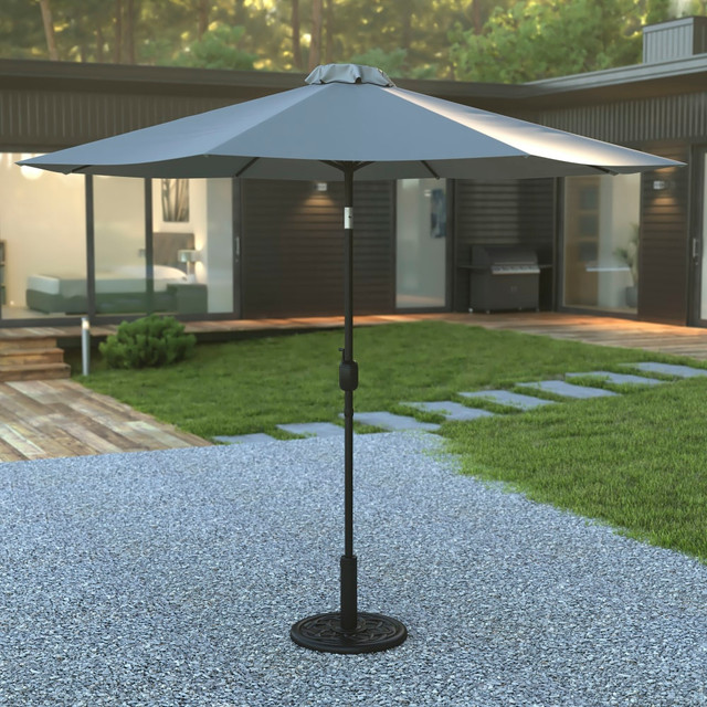 FLASH FURNITURE GM402003UB19BGY Kona Round Umbrella With Standing Umbrella Base, 101-1/4inH x 104-1/2inW x 104-1/2in, Gray FLASH FURNITURE GM402003UB19BGY Kona Round Umbrella With Standing Umbrella Base, 101-1/4inH x 104-1/2inW x 104-1/2in, Gray