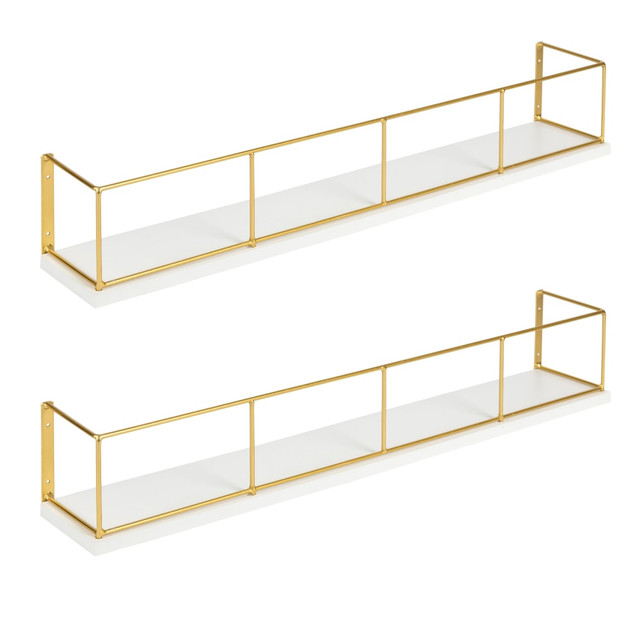 UNIEK INC. 212067 Kate And Laurel Benbrook Wall Shelves, 4inH x 24inW x 4inD, White/Gold, Set Of 2 Shelves UNIEK INC. 212067 Kate And Laurel Benbrook Wall Shelves, 4inH x 24inW x 4inD, White/Gold, Set Of 2 Shelves