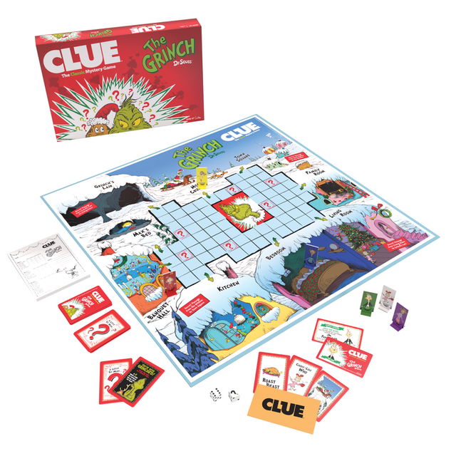 In CLUE: How the Grinch Stole Christmas, players step into the shoes of Cindy-Lou, Papa Who, and other Whoville residents to solve the mystery of who caught the Grinch in the act, what object he stole, and where it was taken from. Based on Dr. Seusss classic story, this game is perfect for fans of all ages and offers a nostalgic holiday mystery experience. For 2-6 players, ages 8 and up.  Officially-licensed CLUE game based on Dr. Seusss How the Grinch Stole Christmas  For 2-6 players, ages 8 and up  Solve the mystery of who caught the Grinch, what he stole, and where it was taken  Features familiar locations and iconic characters from the classic story  A fun holiday twist on the classic mystery game