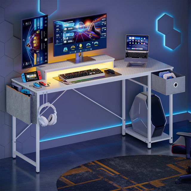 SHENZHENSHI SHUSHIKONGJIAN JIAJU YOUXIANGONGSI H105415B-WDCF Bestier 62inW Reversible Computer Desk With Storage Drawer And LED Monitor Stand, White SHENZHENSHI SHUSHIKONGJIAN JIAJU YOUXIANGONGSI H105415B-WDCF Bestier 62inW Reversible Computer Desk With Storage Drawer And LED Monitor Stand, White