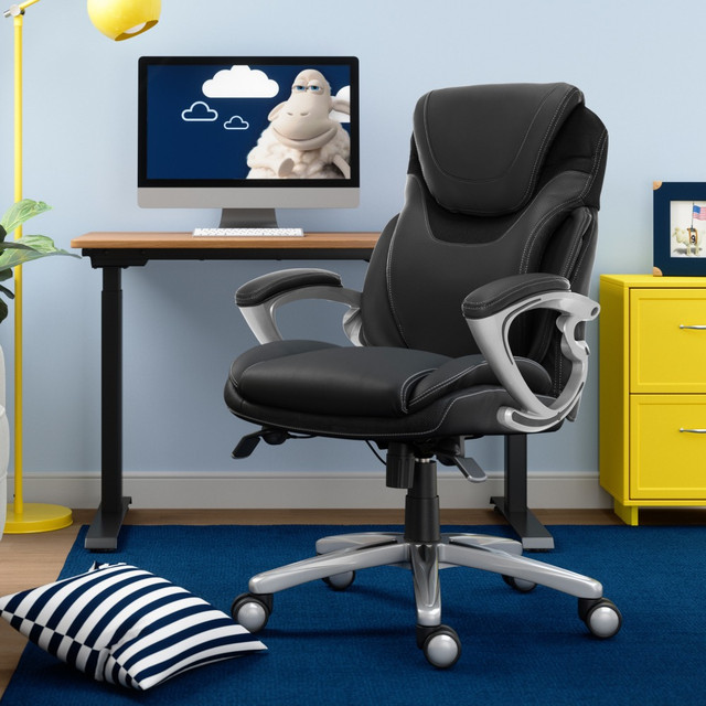 The Serta Executive Office Chair effectively responds to your movement to keep you comfortable all day long. This ergonomic office chair comes with AIR Lumbar Technology, a support feature that flexes and pivots with your body as you lean and twist to ensure proper posture. Layered body pillows and padded armrests provide a serene and tranquil seating experience. The perforated center area of the seat back adds refreshing breathability, and ergonomic seat-side levers offer convenient height and tilt adjustments. This desk chair is upholstered in soft, supple bonded leather and features contrast stitching for a stylish touch.  Innovative AIR Technology flexes and pivots for dynamic support that improves posture, keeping you alert.  Soft bonded leather upholstery in contemporary colors delivers professional style.  Height, tilt, lift, lumbar and arm adjustments allow customized positioning in all areas.                                                            Deep, layered body pillows and padded headrest for cushioned comfort  Some assembly required.  Upholstered in soft bonded leather on all seating areas.  Seat-side cable-actuated levers offer convenient height and tilt adjustments.  Ergonomic desk chair with layered body pillows and padded armrests.  Overall Dimensions: 45-3/4inH x 25-3/4inW x 30-1/4inD.  Backed by the manufacturers 1-year limited warranty.  Seat Dimensions: 23-1/4inH x 19-1/2inD x 19inW.  Seat Back Height: 28-1/2in.  Weight capacity tested to support 250 lb.  Sleek black upholstery.  Tested to meet ANSI/BIFMA Performance Standards - Manufacturer testing has been conducted on this product to meet specific performance requirements and safety standards set forth by the American National Standards Institute (ANSI) and the Business and Institutional Furniture Manufacturers.