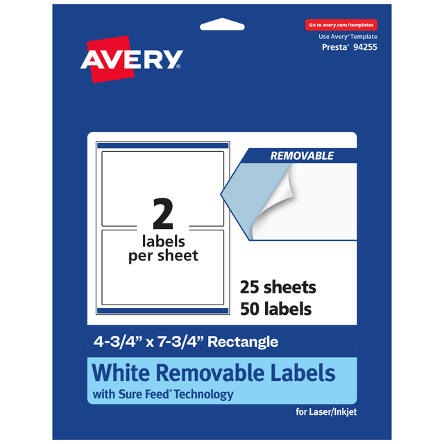 AVERY PRODUCTS CORPORATION 94255-RMP25 Avery Removable Labels With Sure Feed, 94255-RMP25, Rectangle, 4-3/4in x 7-3/4in, White, Pack Of 50 Labels AVERY PRODUCTS CORPORATION 94255-RMP25 Avery Removable Labels With Sure Feed, 94255-RMP25, Rectangle, 4-3/4in x 7-3/4in, White, Pack Of 50 Labels