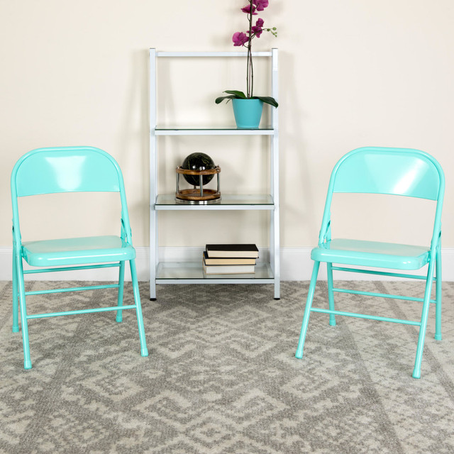 FLASH FURNITURE 2HF3TEAL HERCULES COLORBURST Series Triple-Braced & Double-Hinged Metal Folding Chairs, Tantalizing Teal, Pack Of 2 Chairs FLASH FURNITURE 2HF3TEAL HERCULES COLORBURST Series Triple-Braced & Double-Hinged Metal Folding Chairs, Tantalizing Teal, Pack Of 2 Chairs