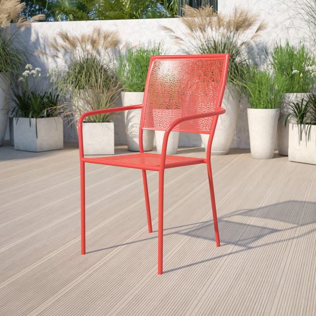 FLASH FURNITURE CO2RED Oia Indoor/Outdoor Steel Patio Armchair with Square Back, Coral FLASH FURNITURE CO2RED Oia Indoor/Outdoor Steel Patio Armchair with Square Back, Coral