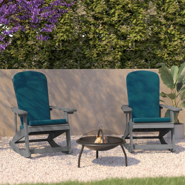 FLASH FURNITURE 2JJC14705CSTLGY  Savannah All-Weather Adirondack Rocking Chairs with Cushions, Teal/Gray, Set Of 2 Chairs
