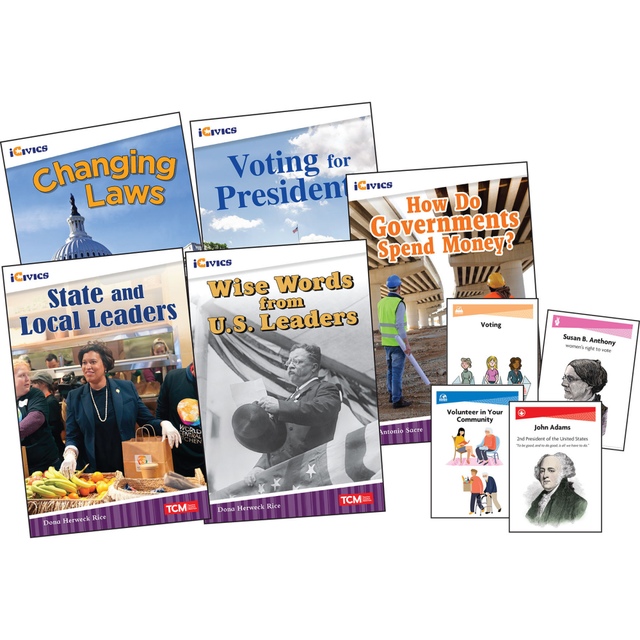 Learn about the community you live in with the Teacher Created Materials iCivics: Leadership & Responsibility 5-Book Set & Game Cards. This set teaches a variety of civics topics in meaningful and easy-to-understand ways through activities such as Read and Respond questions, Think and Talk callouts and Civics in Action.  Explore civics topics in meaningful and easy-to-understand ways.  Read and Respond questions, Think and Talk callouts and Civics in Action activities help enhance reading experience and critical thinking skills.  Included card game reinforces literacy and civics kills.  Learn about how laws are changed, explore the roles of state and local leaders and discover how governments spend money.  Includes Find the Connection Game Cards, Changing Laws, Voting for President, State and Local Leaders, Wise Words from U.S. Leaders and How Do Governments Spend Money?