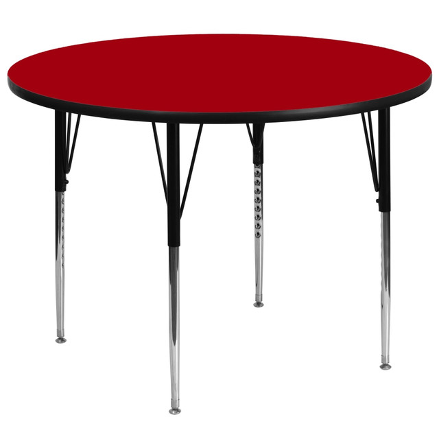 Seat your students around the Flash Furniture 60in Round Thermal Laminate Activity Table. Whether you teach elementary schoolers or college students, this table can fit children and adults alike and boasts self-leveling glides to compensate for uneven flooring. The spacious worksurface resists everyday damage and provides ample room to spread out while your students explore, collaborate and learn together.  Powder-coat upper legs and chrome lower legs are made with tubular steel.  Thermally fused laminate tabletop with a protective edge band is scratch and stain resistant.  Legs adjust in 1in increments.  Self-leveling nylon floor glides.  Seats up to 8 children or up to 8 adults.  Recommended for users from 1st grade to adult.  This product is heavy and/or oversized and may need more than one person to handle.