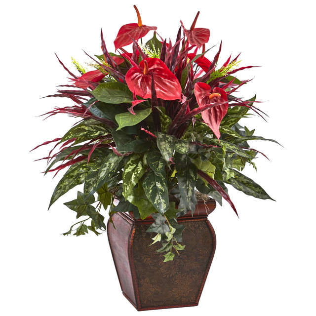 NEARLY NATURAL INC. 6905 Nearly Natural Mixed Anthurium 28inH Artificial Plant With Planter, 28inH x 20inW x 20inD, Red/Green