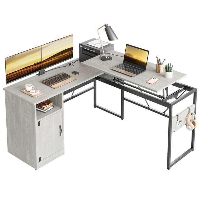 BESTIER H100824B-WHTW 60inW Standing Desk With Storage Cabinet & Accessory Hooks, White Wash BESTIER H100824B-WHTW 60inW Standing Desk With Storage Cabinet & Accessory Hooks, White Wash