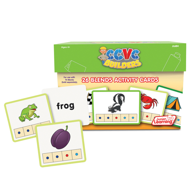 The Junior Learning CCVC Builder Cards are great for young learners. These consonant consonant vowel consonant (CCVC) word building cards can be used for sounding out or identifying sounds in words containing blends. They have an image and phoneme color coding on one side and the whole word on the other.  Consonant consonant vowel consonant (CCVC) word building activity cards can be used for sounding out or identifying sounds in words containing blends.  Cards have an image and phoneme color coding on one side and the whole word on the other.  Includes 3 types of words are provided (CCVC, CVCC and CCVCC.  Works with the CVC Tub of Tri blocks (sold separately).