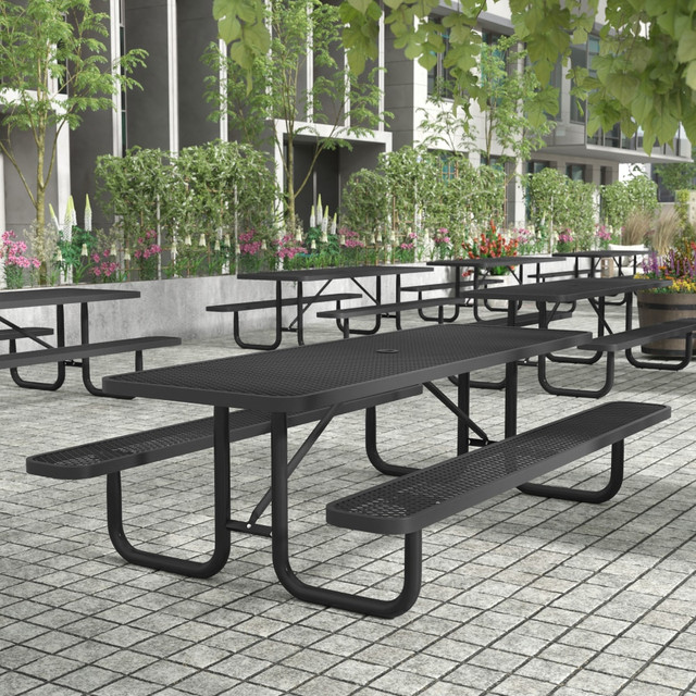 FLASH FURNITURE SLFEML96H60LBK Mantilla Outdoor Picnic Table with Commercial Heavy Gauge Expanded Metal Mesh Top and Seats and Steel Frame and Ground Anchors, 8ft, Black FLASH FURNITURE SLFEML96H60LBK Mantilla Outdoor Picnic Table with Commercial Heavy Gauge Expanded Metal Mesh Top and Seats and Steel Frame and Ground Anchors, 8ft, Black