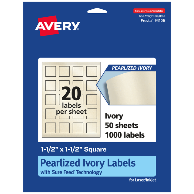 AVERY PRODUCTS CORPORATION 94106-PIP50 Avery Pearlized Permanent Labels With Sure Feed, 94106-PIP50, Square, 1-1/2in x 1-1/2in, Ivory, Pack Of 1,000 Labels AVERY PRODUCTS CORPORATION 94106-PIP50 Avery Pearlized Permanent Labels With Sure Feed, 94106-PIP50, Square, 1-1/2in x 1-1/2in, Ivory, Pack Of 1,000 Labels