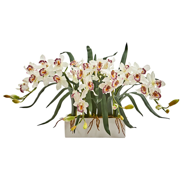 NEARLY NATURAL INC. 1563-WH Nearly Natural Cymbidium 15inH Artificial Floral Arrangement With Vase, 15inH x 35inW x 13inD, White