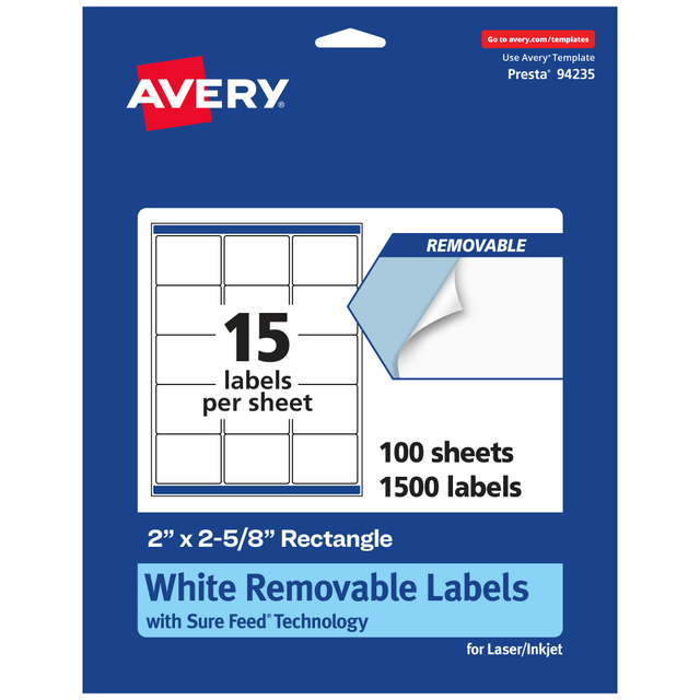 AVERY PRODUCTS CORPORATION 94235-RMP100 Avery Removable Labels With Sure Feed, 94235-RMP100, Rectangle, 2in x 2-5/8in, White, Pack Of 1,500 Labels AVERY PRODUCTS CORPORATION 94235-RMP100 Avery Removable Labels With Sure Feed, 94235-RMP100, Rectangle, 2in x 2-5/8in, White, Pack Of 1,500 Labels