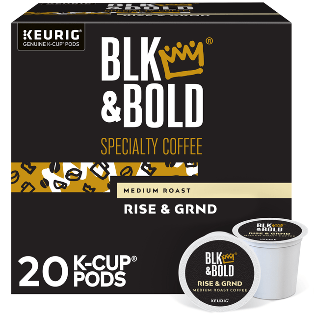The Green Mountain Coffee BLK & Bold Rise & GRND Coffee Keurig K-Cup Pods are ideal for home or office use. These single serve coffee pods feature a signature medium roast coffee made from Fair Trade Arabica beans.  Signature medium roast coffee blend.  Caffeinated.  Fair Trade, 100% Arabica coffee.  Certified Orthodox Union Kosher.  Black owned.  Certified B Corporation.  Caramel, lemon, nutty and smooth flavors.