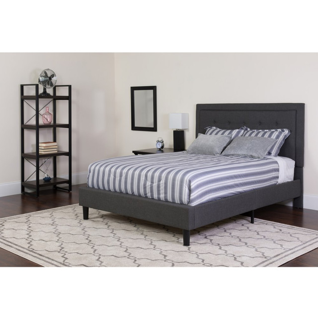 FLASH FURNITURE SLBMF31  Roxbury Panel Tufted Upholstered Platform Bed and Memory Foam Pocket Spring Mattress, Queen, 50-3/4inH x 65-3/4inW x 85-3/4inL, Dark Gray