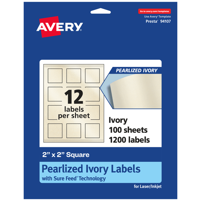 AVERY PRODUCTS CORPORATION 94107-PIP100 Avery Pearlized Permanent Labels With Sure Feed, 94107-PIP100, Square, 2in x 2in, Ivory, Pack Of 1,200 Labels AVERY PRODUCTS CORPORATION 94107-PIP100 Avery Pearlized Permanent Labels With Sure Feed, 94107-PIP100, Square, 2in x 2in, Ivory, Pack Of 1,200 Labels
