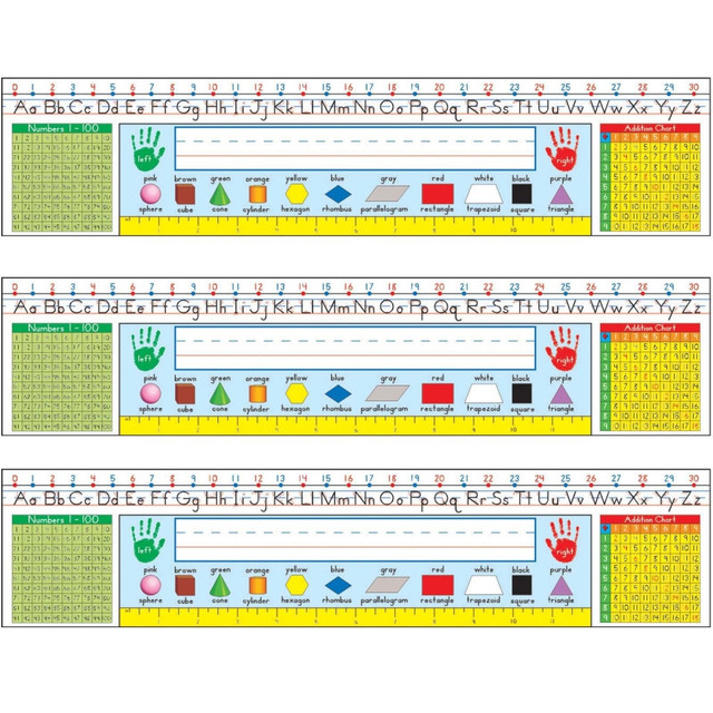 Choose these Carson Dellosa Education Nameplates to give students a helpful reference tool at each desk. The nameplates are made of card stock and provide plenty of useful information, including the alphabet, numbers from 0 to 30, an addition chart and a ruler.  Made of card stock for continued use.  Offers a line for the students name, the alphabet (uppercase and lowercase letters) in a traditional manuscript with stroke lines, numbers 0 to 30, a hundreds board, 11 shapes with names and colors, a 12in ruler and an addition chart.  Measures 4in x 18in.