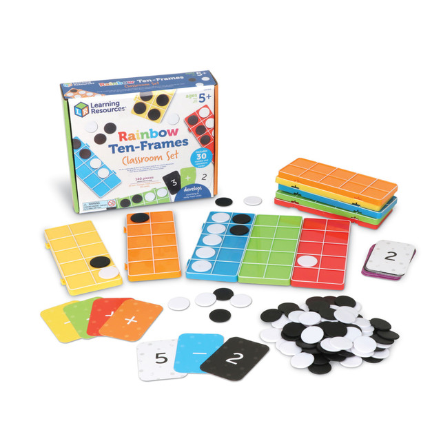 Make learning math fun with the Learning Resources Rainbow Ten Frame Set. This set helps teach kids about counting, operations and more.  Helps teach counting, operations and more.  Includes 30 double-sided addition and subtraction cards and a teacher resource guide.