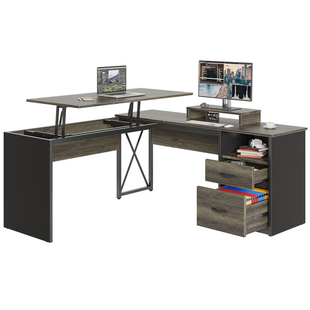 BESTIER H100914E-RGOD  56inW L-Shaped Standing Computer Desk With Drawers & Monitor Stand, Dark Retro Gray Oak